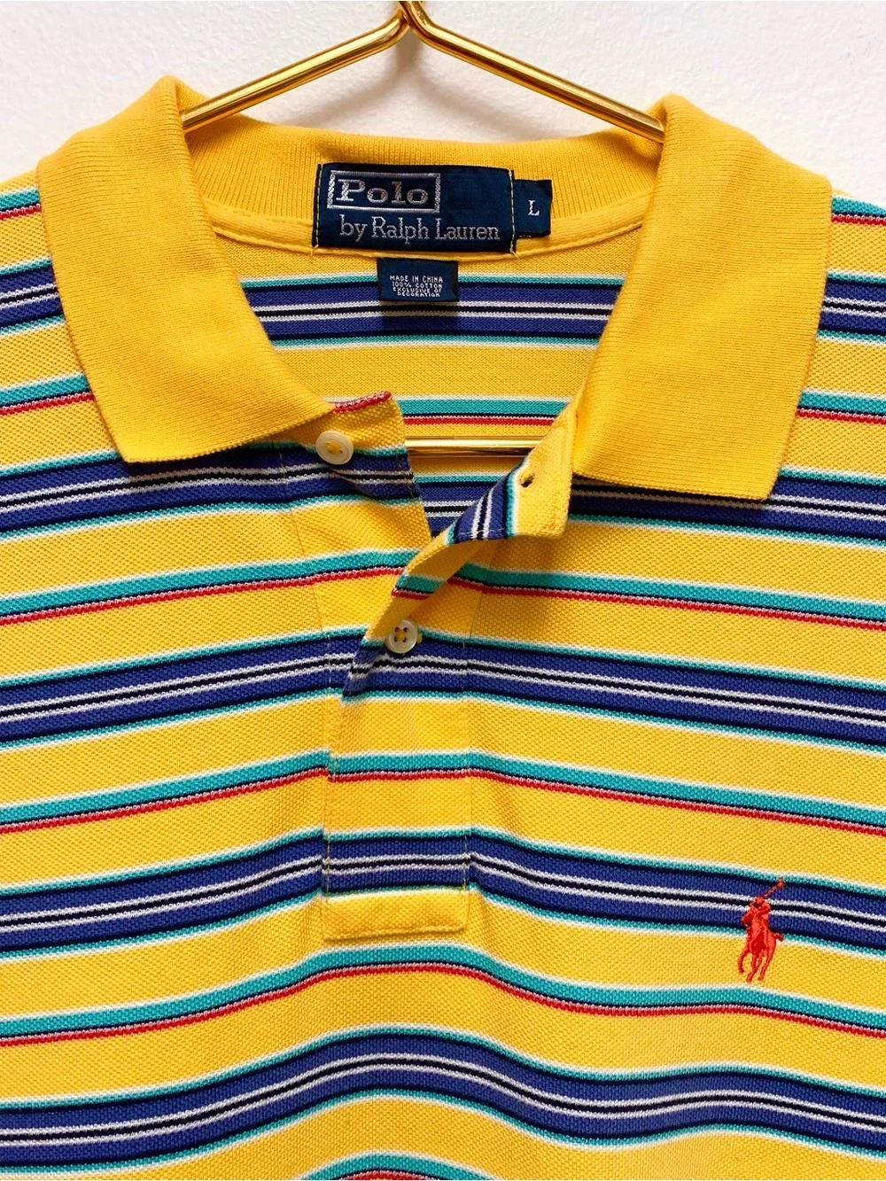 Vintage Polo Ralph Lauren Short Sleeve Polo Size L Yellow Stripe Pique Cotton